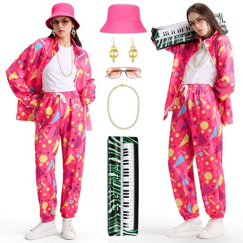 Cheffery Disfraz de Chándal de Los 80 y 90, Traje de Chándal Retro con Piano Hinchable, Gafas, Collar, Pendientes, Sombrero, Disfraz Aerobic Años 80, Disfraces Años 80 para Carnaval Fiesta (S)