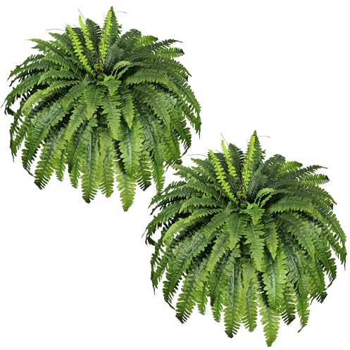 Artificial Ferns for Outdoors & Indoors, 51 Fake Ferns Artificial Plants Large with 66 Fronds, 2 Packs Faux Fern Greenery for Porch Windowsill Garden Planter Home Office Decor, Potted or Hanging