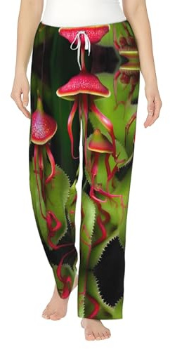 SABFWF Köttätande växt tryck mjuk varm kvinnors flanellpyjamasbyxor, perfekt för jul och vardagskomfort, Svart, S