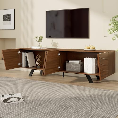 Kelodan Mueble para TV 160 × 39 × 50,5 cm con frente ondulado – Mueble bajo de nogal con patas de hierro negro, gran espacio de almacenamiento, gestión de cables y estante – Mueble de TV para salón