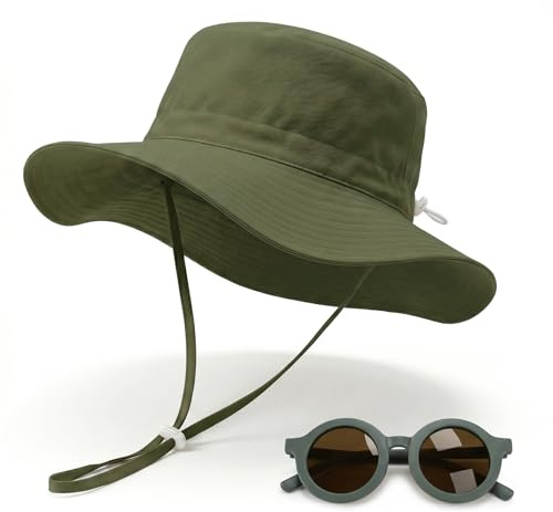 Solhatt Barn med Solglasögon Set, UV-skydd UPF 50+ Solhatt Baby, Andningsbar Bucket Hat Sommarhatt med Hakrem, 3 Storlekar för 6 Månader - 8 År, Pojkar & Flickor