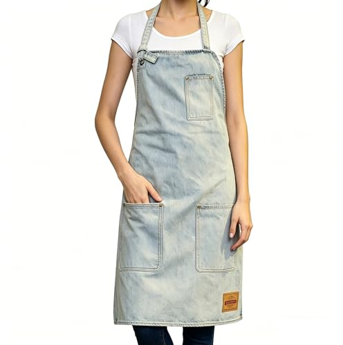 VANTOO Unisex Jeansschürze mit Taschen für Damen und Herren, Waschbare Schürze für Künstler Maler Friseur Bäcker Tischler (weiß)