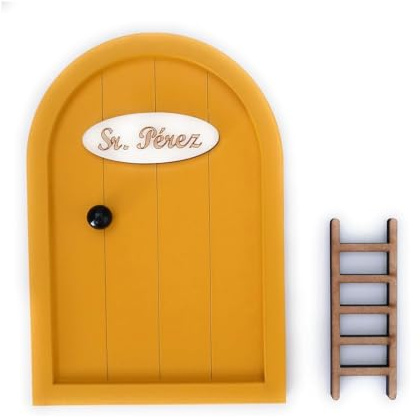 Ratoncito Pérez Puerta Mágica de Madera con Escalera y Felpudo | Incluye Adhesivo | Fácil de Colocar, Decorativa para Niños | Accesorios Habitaciones Infantiles | Mostaza