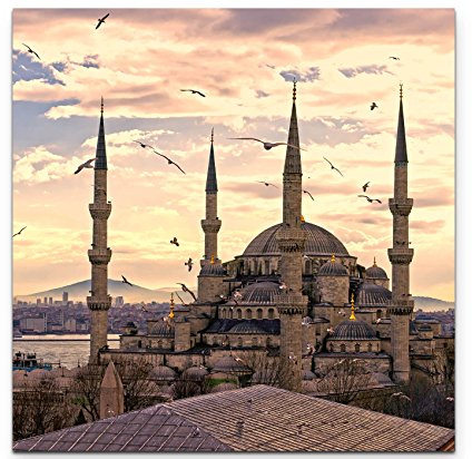 Paul Sinus Art Leinwandbilder | Bilder Leinwand 90x90cm Sonnenuntergang über der blauen Moschee – Istanbul