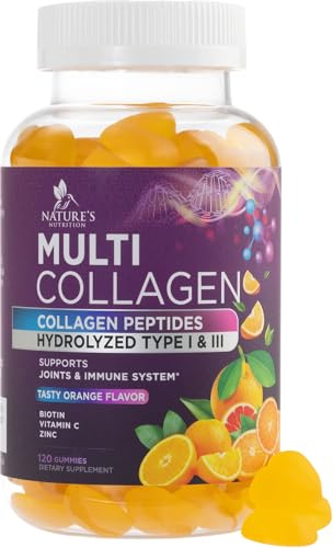 Collagen Peptides Gummies with 2500mcg Biotin Per Serving - Hair Growth, Skin & Nails Supplement - Hydrolyzed Collagen Multi Type I & III, Vitamin C for Immune Support, Orange Flavor, 120 Gummies