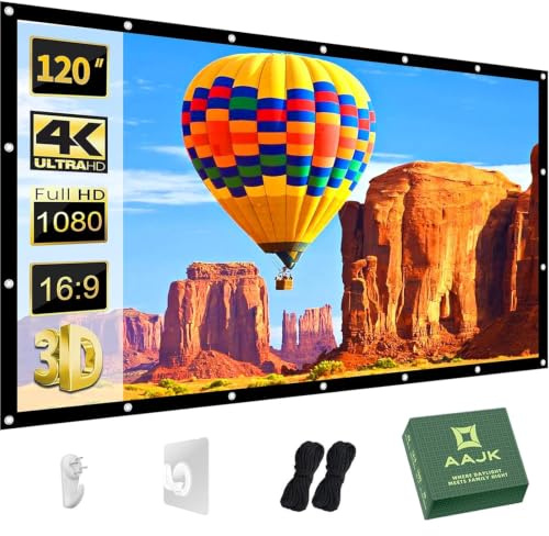 AAJK Projektor-Leinwand, 304,8 cm, waschbar, 16:9, faltbar, knitterfrei, tragbar, Filmleinwand für Heimkino, Außen- und Innenbereich, doppelseitig, Projektion