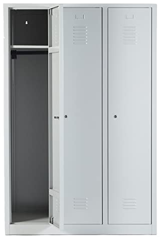 Schrank & Stuhl Spind – Metallspind mit 3 Abteilen in 180 x 120 x 50 cm, Schließfachschrank mit Hutboden & Zylinderschlössern, Lieferung komplett montiert, Grau