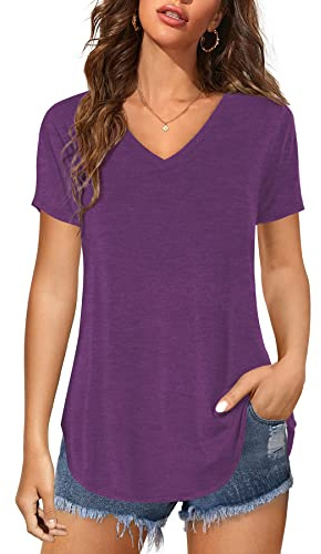 Florboom Women Casual Blouse V Neck Curved Hem Tunic Tops Summer Shirts, Purple 12 14