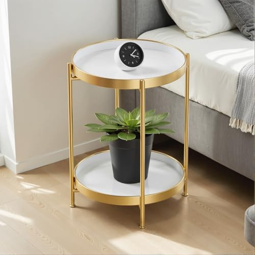Yumyolk Beistelltische, Side Table, Kleiner Beistelltisch Rund Metall, 40 x 40 cm Small Coffee Table, Couchtisch fürs Wohnzimmer Sofa Living Room Balkon Outdoor Gold weiß