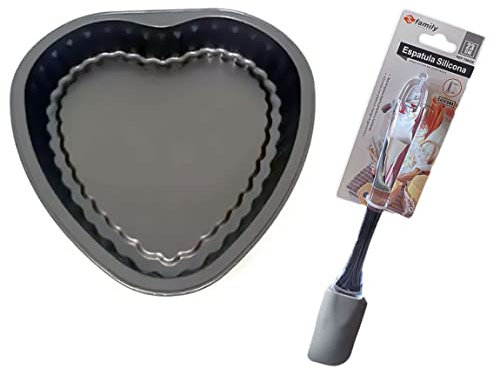 Family Menaje Molde bizcocho corazón + espátula silicona de 23 cm con mango de PVC. Molde para hornear tartas y bizcochos con forma de corazón. Sorprende a tú pareja (27,5 x 26,5 x 4,5 cm)