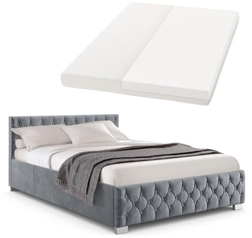 Juskys Polsterbett Nizza 120x200 cm mit Matratze, Bettgestell mit Lattenrost, Stauraum & LED Beleuchtung, Samtbezug, Chesterfield-Steppung, Grau
