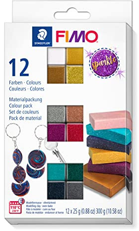 STAEDTLER Sparkle Colours Set FIMO, ofenhärtende Modelliermasse in funkelnden Galaxy, Glitter und metallic Farben, Set mit 12 Halbblöcken à 25g in sortierten Farben, 8013 C10-4