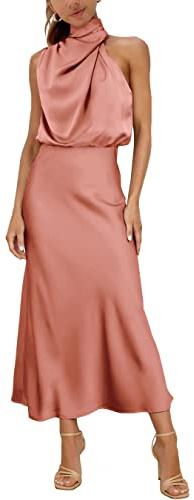 MIRGLER Elegant och formell satinklänning med hög midja och hög midja för bröllopsgäster, fest, cocktailparty, Bakad rosa, L
