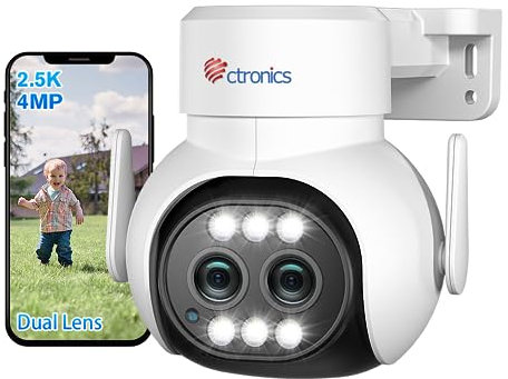 Ctronics 2.5K 4MP Telecamera Wi-Fi Esterno con Doppio Obiettivo, Zoom Ibrido 6X PTZ Videocamera Sorveglianza Esterno 2.4/ 5GHz, Auto Tracking, Rilevamento Umano, Visione Notturna a Colori (Bianco)