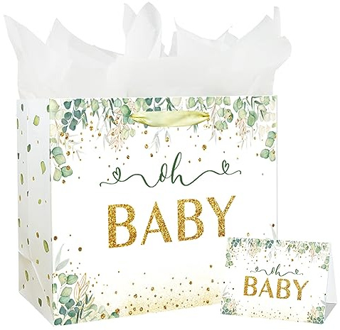 Große Geschenktüte für Babyparty oder Geburtstag, 33 cm, mit Griff, Seidenpapier und Grußkarte, Salbeigrün