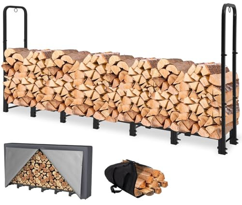 NEOCOZY Brennholzregal, robust, für drinnen und draußen, Kaminholzregal mit wasserdichter Abdeckung, Kombi-Set, Schwarz, 2,4 m