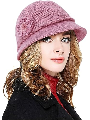 CheChury Damen Wollmütze Winter Mütze Warme Strickmütze Frauen Beaniemütze Retro Fedorahüte Frauen Glockehut Kaschmir Mütze Damen Bowler Hut Winter Strickmütze mit Schirm Damen Melone Hut