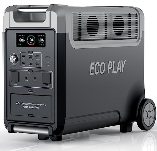 Stazione di alimentazione 3600W, generatore solare ECO PLAY con batteria LiFePO4 da 3840Wh, ricarica rapida in 2 ore, uscita 3x230V AC, accumulo con UPS per alimentazione di mergenza/campeggio/camper