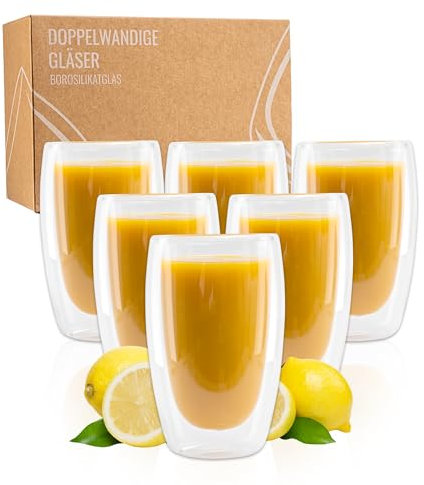 Exitoso Doppelwandige Latte Macchiato Gläser | 450ml 6er gläser set | doppelwandige kaffeegläser | Borosilikatglas Kaffeetassen Glas | kaffeegläser cappuccino gläser
