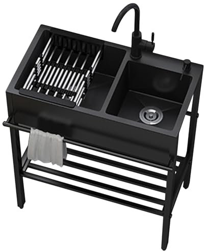 Lavello Cucina 2 Vasca,Lavatoio in Acciaio Inox 304,Lavabo da Esterno a Libera Installazione,Lavandino Commerciale Professionale con Rubinetto,Staffa,per lavanderia cortile Garage Ristorante (Size :