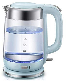 Bollitore elettrico in vetro blu, bollitore per tè con acqua calda da 1,7 litri, coperchio interno e fondo in acciaio inossidabile Safehappy