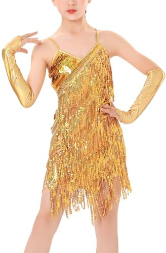 SEAUR Mädchen Ballroom Latein Kleid Ärmellos Pailletten Quasten Kleid Mädchen Tango Salsa Cha Cha Dancewear Outfit Fransen Eiskunstlauf Kleider Gold 5-7 J