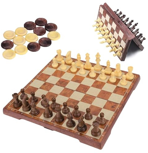 Cestamor Magnetic Chess & Checkers Set 2-in-1 - 9x9 Inch Travel-Folding Board Portable Traditional Strategy Game with Wood-Like Pieces for Kids & Adults