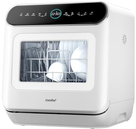 COMFEE' Table Top Dishwasher 7+3 Programs Mini Tabletop Dishwasher No Plumbing, 6L Built-in Water Tank, Hygiene Wash, Auto Door Open Drying, Baby Care, Energy Class D- White