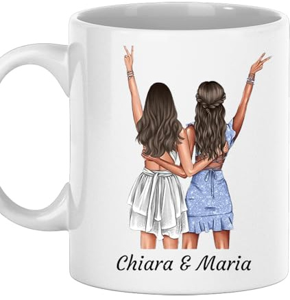 Vulfire Tazza Amica Personalizzabile Regali per Amiche, sorelle, cugine, zie, cognate - Nome, Capelli, Abito e tanto altro da Personalizzare - Idee Regalo Amica donna Compleanno, Natale