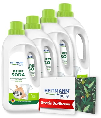 HEITMANN pure Reine Soda | Vielseitiger Reiniger für Fett, Schmutz, Flecken & Gerüche | Natürlich & umweltfreundlich | Für Haushalt & Garten | 4 x 1 L + GRATIS Duftbaum