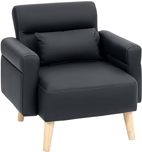HOMCOM Sillón de Salón Tapizado en Cuero Sintético Butaca de Salón de 77 cm con Reposabrazos Acolchado Grueso Respaldo Acanalado y Patas de Madera para Dormitorio Sala de Estar Negro