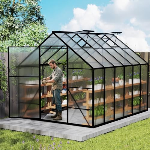Aufun Invernadero de aluminio de alta calidad, 9,5 m², con base de 6 cm y placa de policarbonato de 4 mm, resistente a los rayos UV, resistente a la intemperie, para el jardín, 380 x 250 x 205 cm