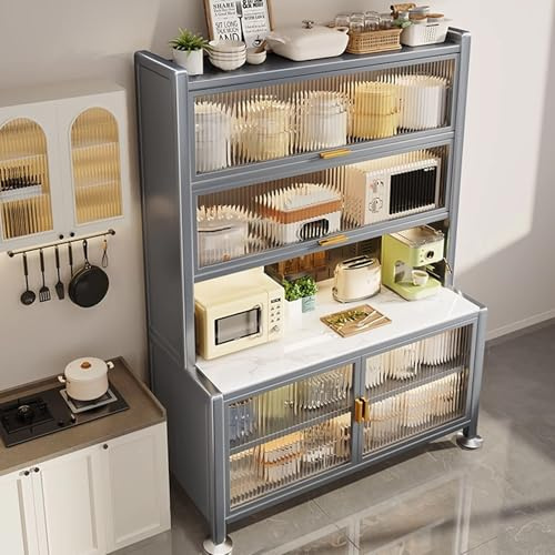 Station de bar à café, clapier de cuisine à 6 niveaux avec roue et porte en acrylique, étagères réglables, comptoirs en dalle de pierre, pour grille-pain, micro-ondes, mini four