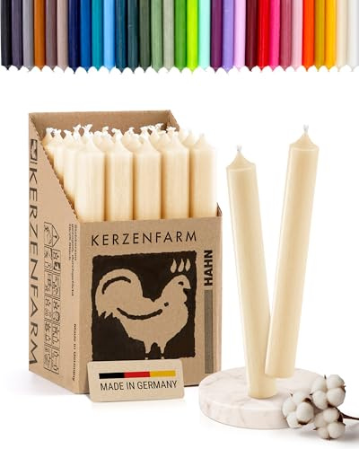 Stabkerzen 10 Stück, 18cm x 2,2cm, Premium Qualität - Deutsche Manufaktur, Kerzenfarm Hahn - lange Brenndauer (8+ Stunden) RAL-Zertifiziert, durchgefärbte Spitzkerzen (Creme)