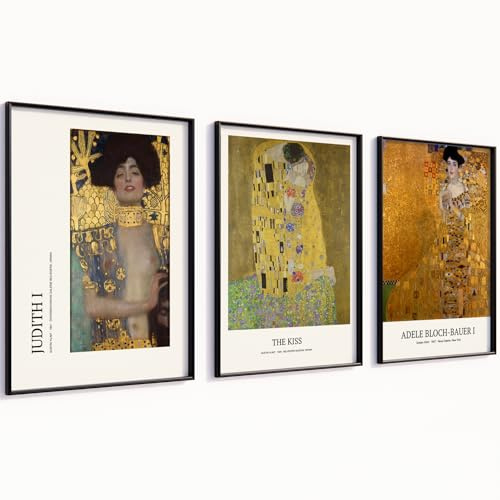 MJ-GRAPHICS® Gustav Klimt Poster Set Kunstdrucke Bilder mit Rahmen Wanddeko Schlafzimmer Deko Inneneinrichtung Flur Wandbilder Wohnzimmer Poster Set A4 3-teilige Bilderset Aesthetic