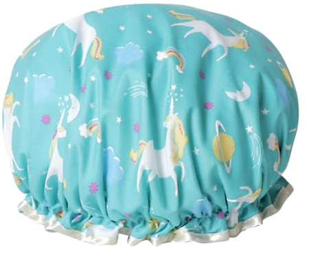 SEWACC Doppellagige Badehaube aus Strapazierfähigem Material Blaues Einhorn für Damen Duschen Küche Spa Ölbeständig Zusammenfaltbar