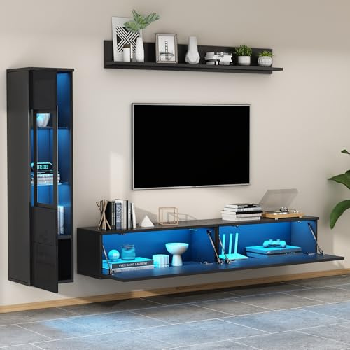 YuQozii Set da parete per TV, 3 pezzi, illuminazione a LED, nero lucido, set di mobili da soggiorno, parete frontale nero, 1 armadio TV, 1 vetrina per soggiorno, 1 mensola sospesa, TV fino a 80'