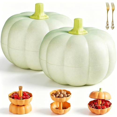 2-Tier Pumpkin Snack Bowl with Divided Trays, Halloween Adjustable Big Pumpkin Snack Holder with Lid, Detachable Pumpkin's Serving Tray for Halloween Candy Fruit & Nuts Fall Decor (2pcs Green)