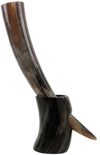 Handicrafts Home Viking Drinking Horn Mug with Stand, 16oz Natural Horn Tankard, Norse Beer Stein & Mead Cup, Handmade Drinking Mug for Ale Wine, Medieval Viking Style Unique Gift for Men (10-14 oz)