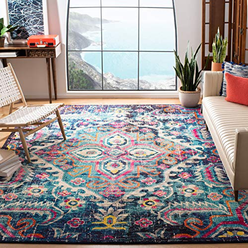 SAFAVIEH Monaco Collection Area Rug - 8' x 10', Blue & Fuchsia, Boho Chic Medallion Distressed Design, Non-Shedding & Easy Care, Ideal for High Traffic Areas in Living Room, Bedroom (MNC252J)