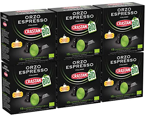CRASTAN 1870, 90 Capsule, 6 Box da 15 Capsule di Orzo Espresso Biologico, Capsule Compatibili con Sistema Nespresso, Bevanda Senza Glutine, 100% Made in Italy