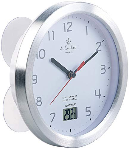 St. Leonhard Baduhr: Badezimmer-Wanduhr mit LCD-Thermometer und Aluminium-Rahmen, IPX4 (Uhr fürs Bad, Badwanduhr, wasserdicht)