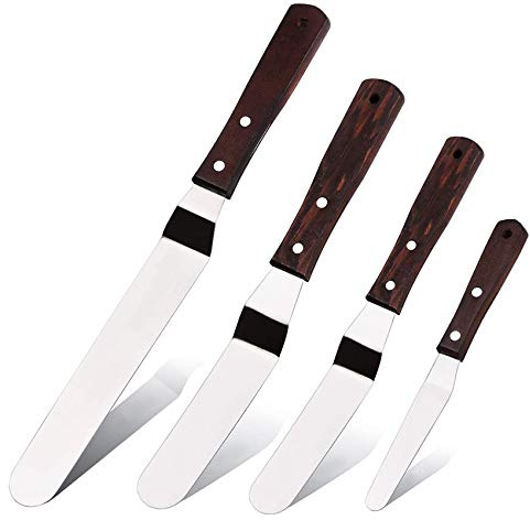 Acronde 4PCS Offset Cake Icing Spatula Set 4” 6” 8” 10” Professional Stainless Steel Cake Decorating Frosting Spatulas with Wooden Handle (Angled)