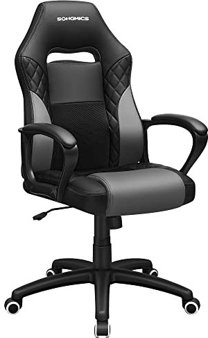 SONGMICS Fauteuil Gamer, Fauteuil de Bureau, Chaise, Siège, avec Mécanisme basculant, Ergonomique, Dossier en Forme de S, Bon pour la Colonne Lombaire, Charge jusqu'à 150 kg, PU, Noir et Gris OBG38BG