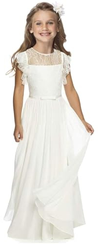 Tyhtym Robe de cérémonie en dentelle à motif floral pour fille avec manches aériennes - Blanc - XX-Large