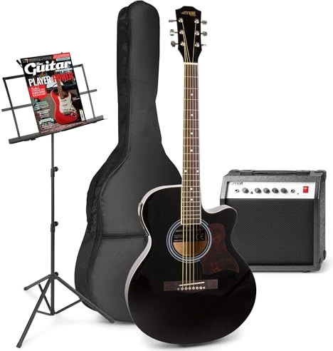 MAX Guitarra Electroacústica Negra para Principiantes y Avanzados - Set Completo con Amplificador 40W, Atril, Funda, Afinador, Púas, Correa, Cable y Cuerdas de Repuesto Incluidos