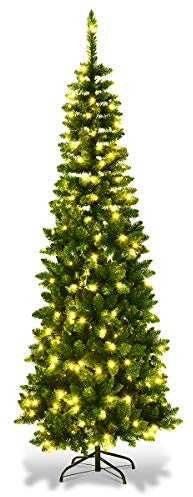 6Ft/1.8m Pre-Lit Artificial Slim Christmas Tree Green Pencil Tree, Pointed Tips, Metal Stand Warm White LEDs Lights Holiday Home Decorations