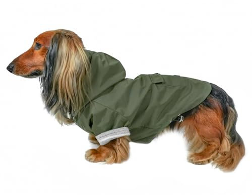 DJANGO Hundejacke und Regenmantel Highland,wasserabweisend, winddicht und geschirrfreundlich mit Kapuze Wintermantel und Regenmantel mit verstellbarem Kordelzug und Gunmetal Hardware (klein, olivgrün)