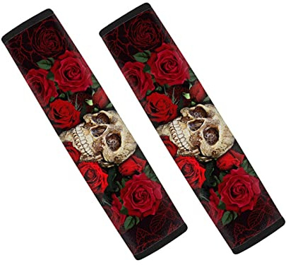 Jndtueit Skelett-Sicherheitsgurtpolster mit Totenkopf-Rose, langlebig, weich, bequem, universelle Passform, Blumendruck, Autozubehör, 2 Stück