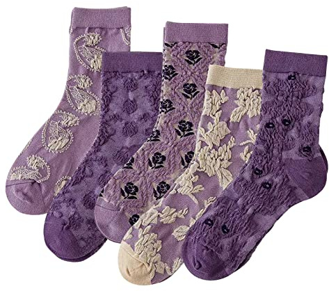 DXYAKY Bomullsstrumpor för kvinnor med blommönster, vintageinspirerade mönstrade crewstrumpor med volangkant, varma och bekväma vardagsstrumpor, 5-pack, one size